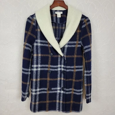 Abrigo chaqueta para mujer Artisan NY M azul a cuadros mezcla de lana polar con cuello botones Foto 1 de 4