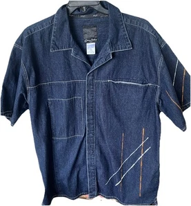 Sean John Vtg 90's Blue Denim XXL Shirt Stitch Detail Short Sleeve Snap Front - Picture 1 of 16