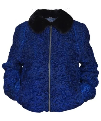 Chaqueta bomber azul de piel de cordero persa real piel de astracán chaqueta/abrigo de piel de karakul Foto 1 de 4
