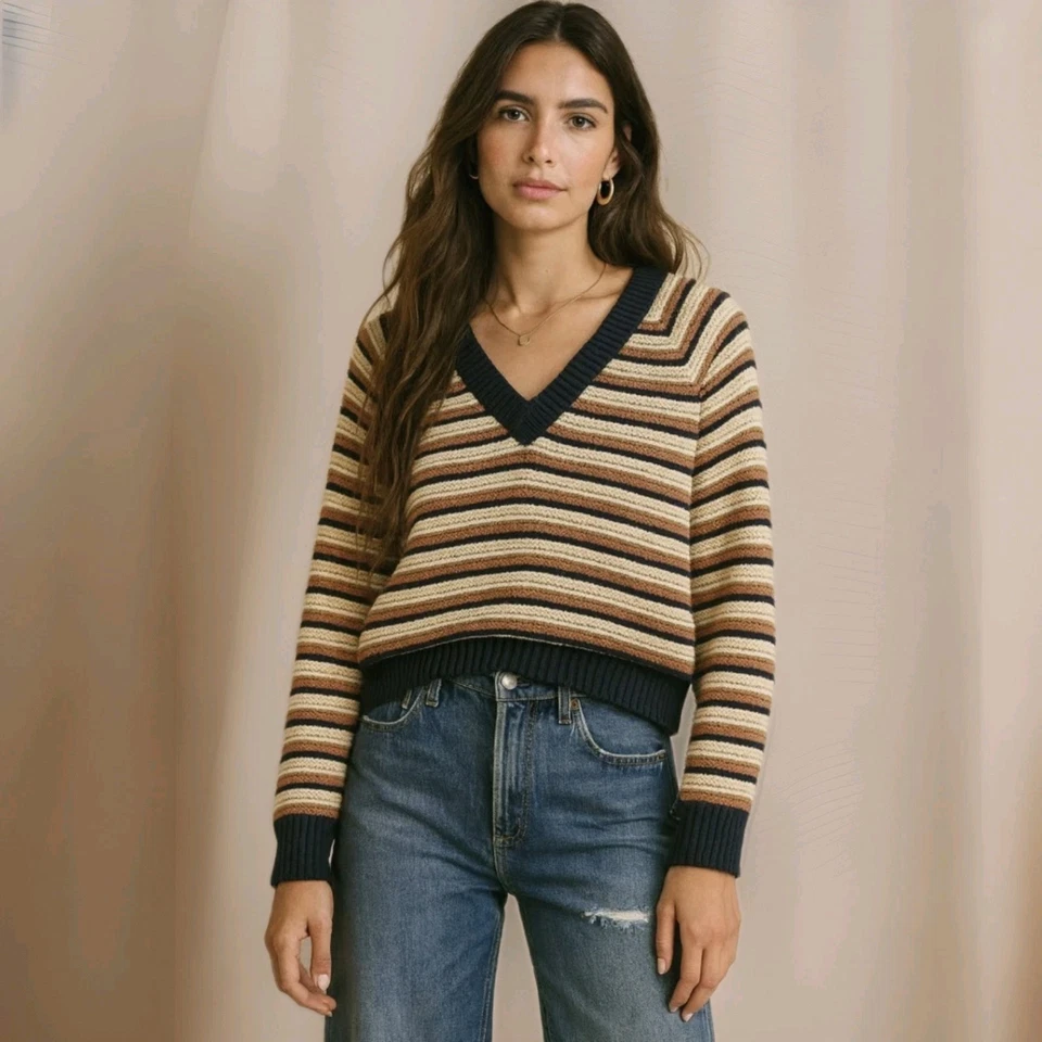 Suéter Pullover Recortado Cuello en V Madewell Arden Rayas Azul Marino Crema Talla S Foto 1 de 4