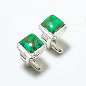 Green Copper Turquoise Gemstone 925 Sterling Silver Handmade Cufflinks Stnd. - Picture 1 of 4