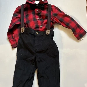 Boys 18 M Plaid Red and Black Dress Shirt With Now Tie And Black Suspenders - Picture 1 of 11