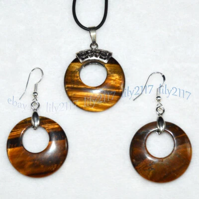 Conjunto de pendientes collar cuerda cuero colgante anillo redondo hueco ojo de tigre amarillo Foto 1 de 4