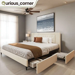 King Size Platform Bed Frame Upholstered Tufted Headboard w/ 4 Drawers Cabinets - Picture 1 of 11