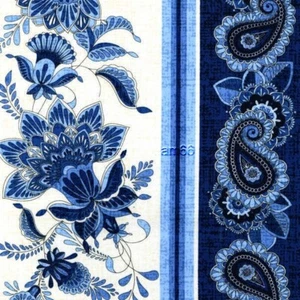 Tela de algodón a rayas con textura de lino floral cachemira azul Caprice Delft de última 1 yarda - Imagen 1 de 2