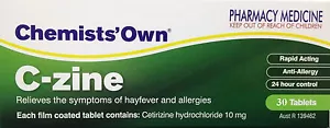 => CHEMIST OWN C-ZINE, CETIRIZINE 10MG 30 TABLETS HAYFEVER & ALLERGY = ZYRTEC - Picture 1 of 1