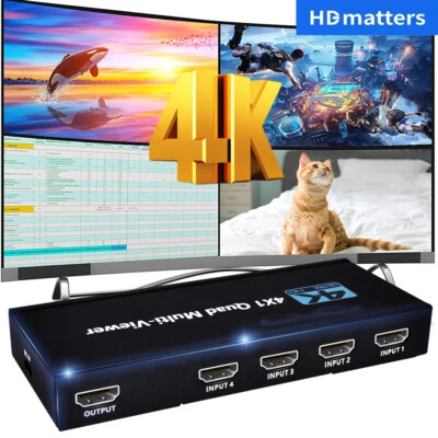 4K HDMI Multi-Viewer 4x1 HDMI Quad Screen Multiviewer 4 in 1 Seamless Switch+IR - Image 1 of 4