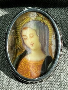 Vintage Italian 800 Silver Hand Painted Portrait Virgin Mary Brooch Pendant - Picture 1 of 11