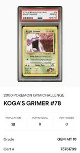 Pokemon Gym Challenge 2000 Koga's Grimer #78/132 PSA 10 GEMAS COMO NUEVO LOW POP - Imagen 1 de 1