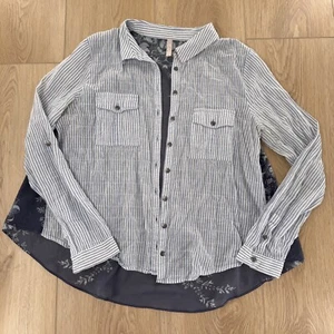 Free People M Party in the Back Tunic Button Down Striped Floral Contrast Blouse - Picture 1 of 6