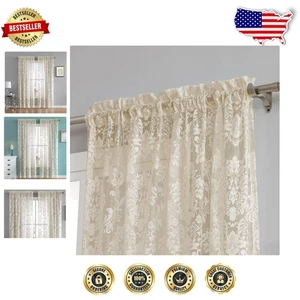 54"x84" Gold Linen Lace Curtains with Rod Pocket - Elegant Sheer Drapes - Picture 1 of 7