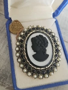 Vintage Pearl Cameo Brooch Pin With Swarovski Crystals 2.5" #5532 - Picture 1 of 6