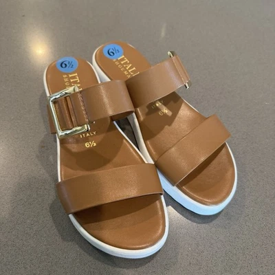 Italian Shoemakers Womans Leather Sandals Sz 6.5 Cognac Brown Slip On Made Italy - Image 1 of 4