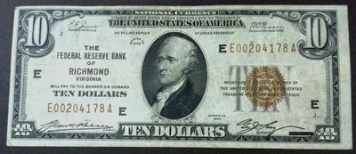 1929 $10 The Federal Reserve Bank Of Richmond Virginia  E00204178A Fr-1860-E - Image 1 of 4