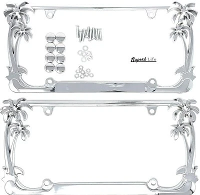 Tropical Palm Tree Chrome Polished License Plate Frame (2 Frames) with Cap Foto 1 de 2