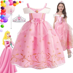 Girls Princess Aurora Fancy Dress up Floral Lace Pink Costume Kids Book Day Gift - Picture 1 of 12