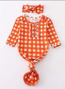 Girl's Boutique Orange Plaid Print Baby Knot One Piece Outfit And Matching Headb - Picture 1 of 7
