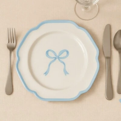 Shabby Chic Melamine Plates Set of 4 Blue Bow Accent Dessert Salad Plate 8'' - Изображение 1 из 4
