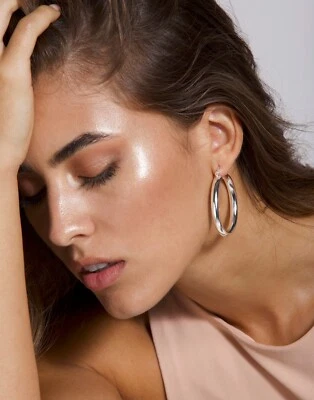 4MM Thick Solid 925 Sterling Silver 40MM French Lock Hoop Earrings Made In Italy - Image 1 of 4