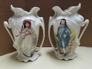 2pc Vintage Ceramic "Blue Boy" & "Pinky" Flower Vases, Planters, Home Decor 8.5" - Picture 1 of 12