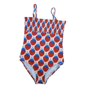 Hanna Andersson 150 12 Swim suit Strawberry Girls One Piece Pink Red Smocked - Picture 1 of 7