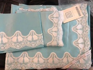 $ 1400 Cottimaryanne Italien Neu mit Etikett 4-teiliges Lakenset elektrisch blau 100 % Baumwollsatin Spitze - Bild 1 von 12