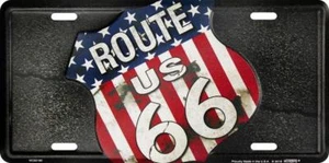ROUTE US 66 AMERICAN FLAG LICENSE PLATE METAL CAR TAG ROAD EMBOSSED DISTRESSED - Picture 1 of 3