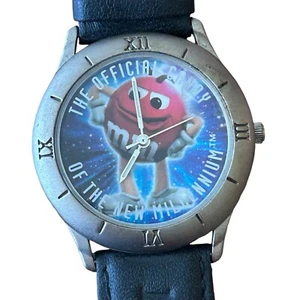 Vintage M&M Silver Tone New Millennium Genuine Black Leather Band Watch 9 Inch - Picture 1 of 4