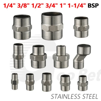 Stainless Steel Hex Nipple Adapter 1/4" to 1-1/4" BSP Male Thread Pipe Fittings - Image 1 of 4
