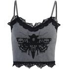 Women Punk Moth Print Sleeveless Crop Top Ruffle Lace Trim Patchwork Camisole