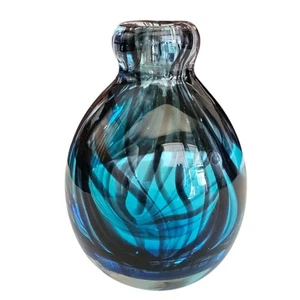 Vintage Venezia Italy Glass Vase/Perfume Bottle Blue W/Black Striped Swirl 4” - Picture 1 of 6