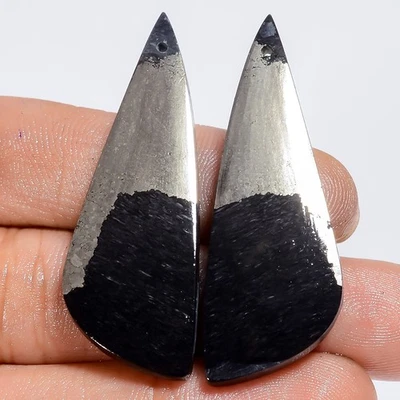 Authentic Apache Gold Pyrite Fancy Cabochon Gemstone Pair Drilled 56Ct 44X15X4mm - Image 1 of 2
