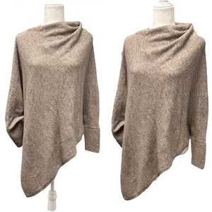 Womens One Size Poncho Shawl Cape Sweater Asymmetrical Old Money Neutral Soft - Picture 1 of 15
