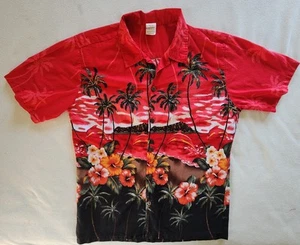 Palmwave Mens Large (L) Hawaiian/Aloha Shirt-Red w/ Palms & HIbiscus-100% Cotton - Picture 1 of 9