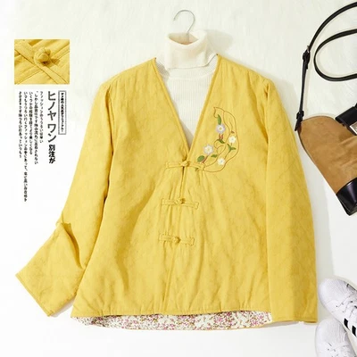 Chinese Style Cotton Linen Embroidered Coat Womens Button Floral V-neck Jackets - Image 1 of 4