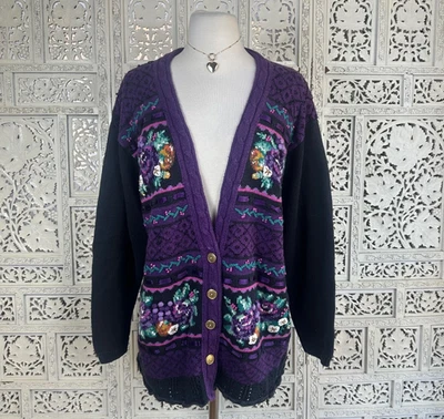 LEER Cárdigan Janzten Classics Púrpura y Negro Floral Fruta Grueso Abuela Talla XL Foto 1 de 4