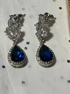 Blue Fashion Teardrop Earrings Silver Rhinestone Crystal Wedding Drop - Picture 1 of 7