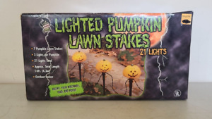 Halloween Pumpkin Lawn Stakes 21 Lights Set of 7 Jack O Lantern Outdoor Spooky