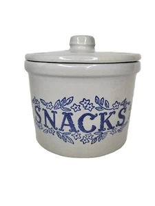 Snacks Stoneware Canister Cookie Jar Storage Farm Country Blue Heavy CottageCore - Picture 1 of 8