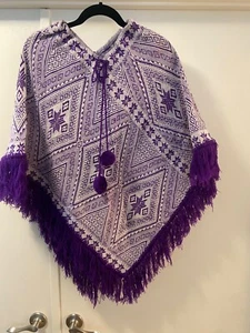 Vintage Hand Knit Crochet Poncho Cape Granny Boho Hippie Purple Geometric O/S - Picture 1 of 19