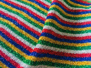 SPARKLE TINSEL Lurex Fabric Stretch Metallic Glitter 150cm wide - Stripe Rainbow - Picture 1 of 5