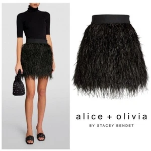 New! NWT ALICE + OLIVIA Cina Ostrich Feather High Waist Black Mini Skirt $895 - Picture 1 of 10