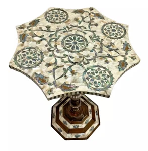 Handmade Wooden End Table Carving Wood Table Home Decor Mother of Pearl Inlay - Picture 1 of 9