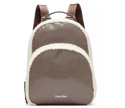 CALVIN KLEIN Estelle sherpa and patent leather backpack - Natural/Brown/Taupe ~~ - Image 1 of 4