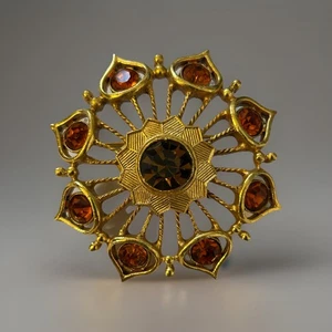 Robert Rose Amber Art Glass Topaz Sunburst Rhinestone Brooch Vintage Gold Tone - Picture 1 of 4
