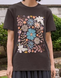 Boho Aesthetic Floral Art Nouveau T-Shirt, Artsy Muted Colors Botanical Bohemian - Picture 1 of 17