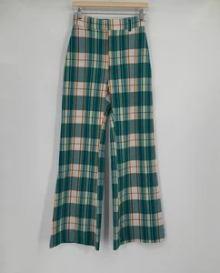 Free People Womens Teal Green Plaid High Rise Flared Leg Trouser Pants Sz 2 - Picture 1 of 5