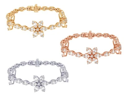 Baguette Flower Petals Cluster 3 1/5 CT Real Diamond Link Bracelet Gold 15MM 7" - Image 1 of 4