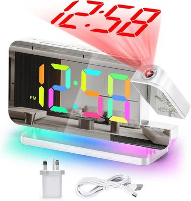 U-picks Alarm Clock with Projection,RGB Clock,7.4" LED Mirror White  - Image 1 of 4