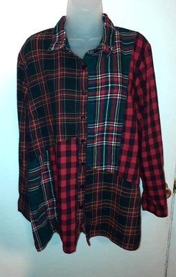 Blusa Coldwater Creek patchwork flanela tamanho XLP XL pequena xadrez feriado vermelho verde - Imagem 1 de 4